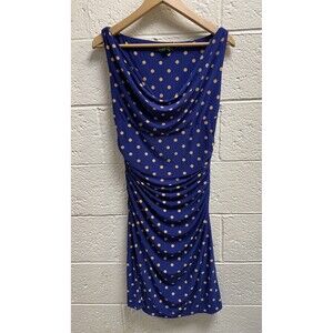Ralph Lauren Sleeveless Ruched Cowl Neck Blue Beige Polka Dot  Dress Size 12